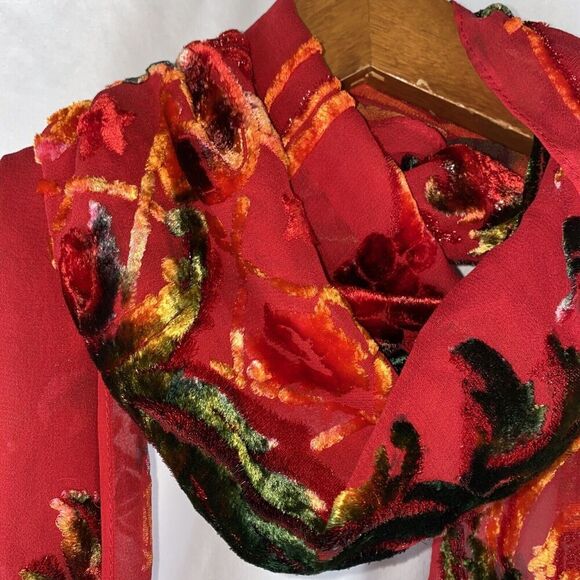 Chico's Red Silk Burnout Fringe Metallic Scarf - Picture 3 of 10